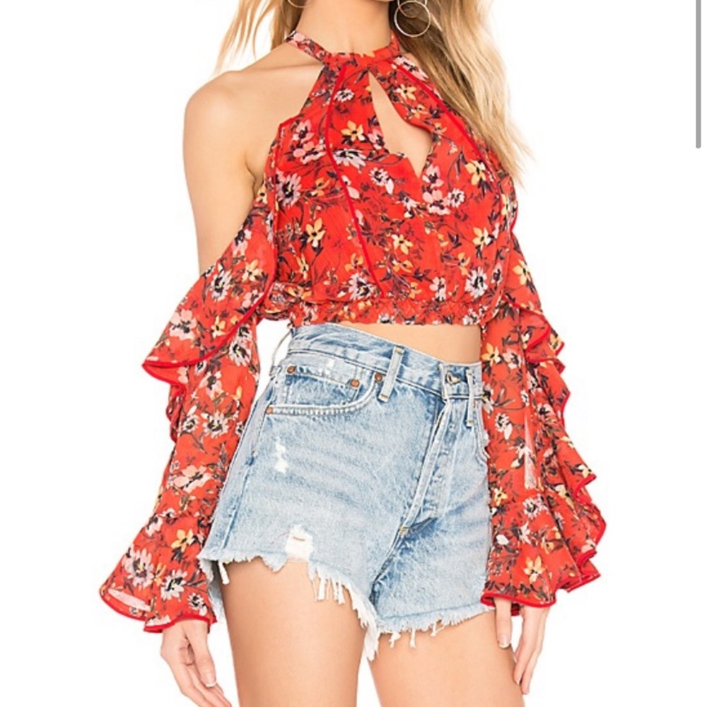 House of Harlow 1960 Red Floral Cold-Shoulder Ruffle Crop Top